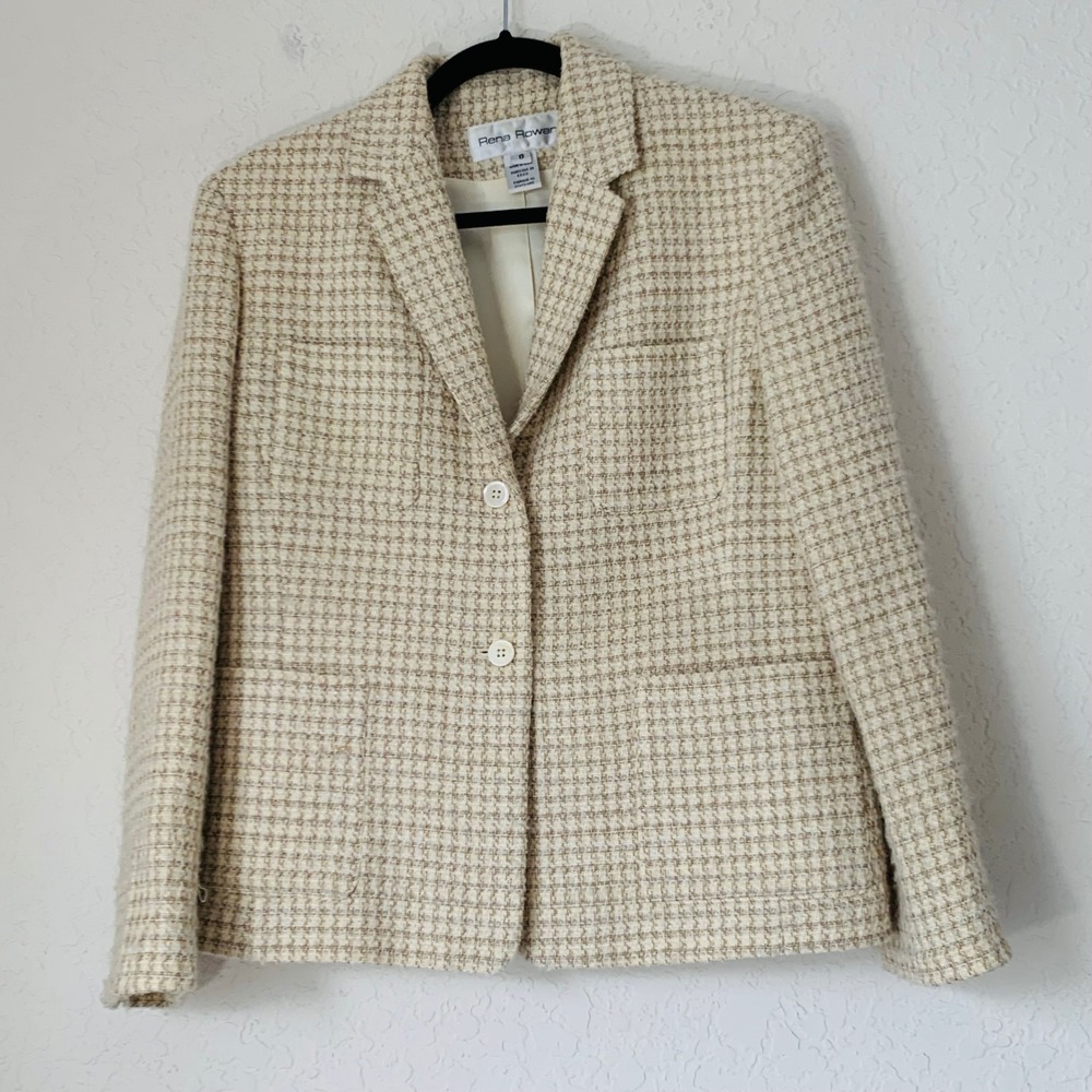 Rena Rowan Blazer Womens 8 Cream Tan Wool Tweed Houndstooth Quiet Luxury USA‎